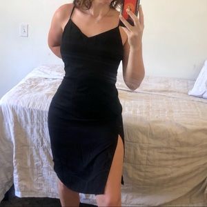 Black V-Neck Slit Midi Dress